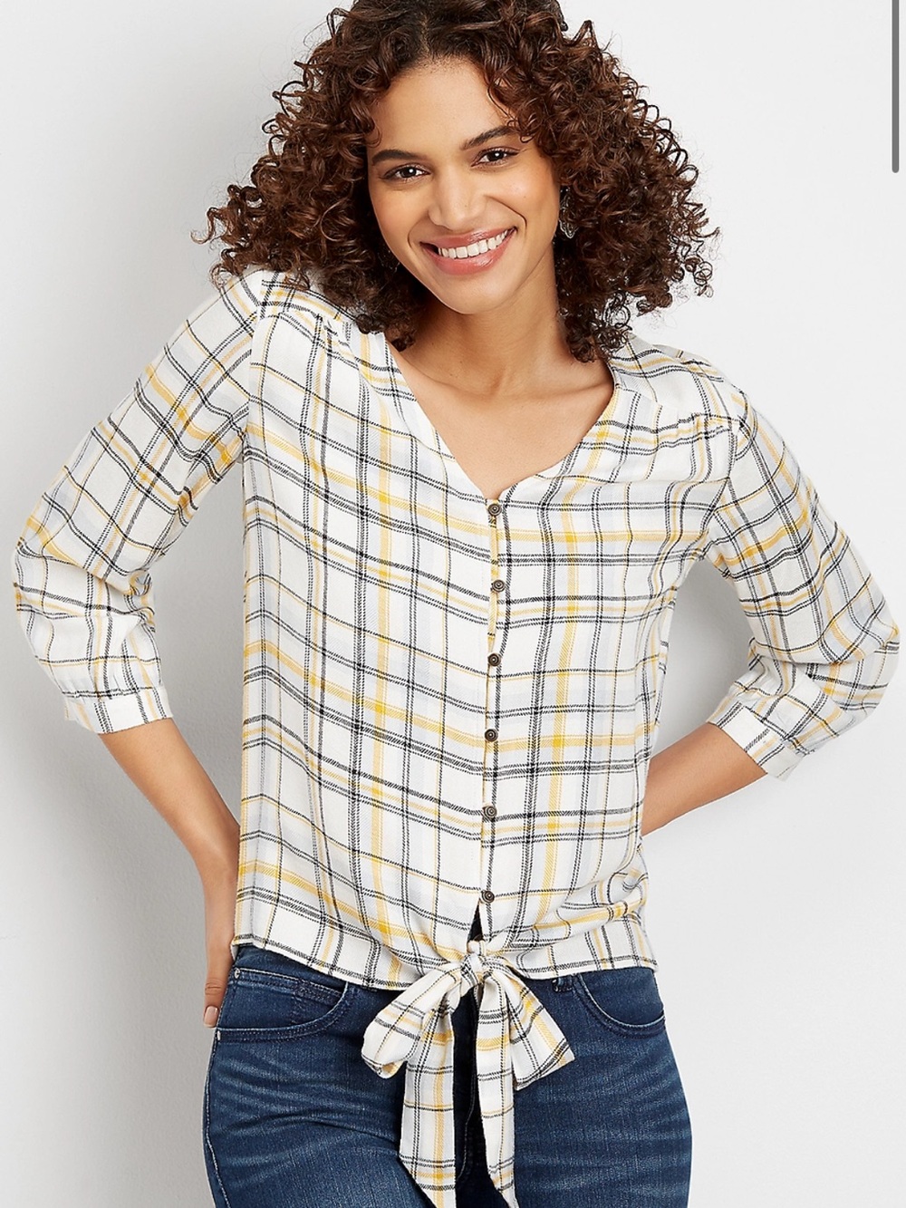 Maurices Plaid Front Tie Peasant Blouse Yellow Black 3/4 Puff Sleeve